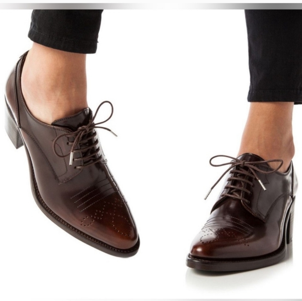 THE OFFICE OF ANGELA SCOTT Miss Button Midheel Brown Leather Derby Size EU 41